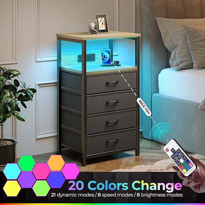 Seventable Night Stand with Charging Station, Tall Nightstand with 4 Fabric Storage Drawers, Side Table with LED Light for Bedroom, Entryway, Greige