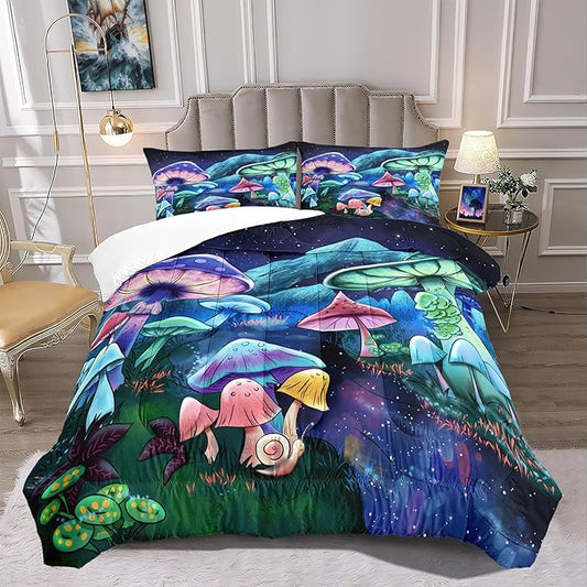 Mushroom Comforter Set for Bedroom - Twin Size, Colorful Mushroom Bedding Set with Quilt and Pillowcases
