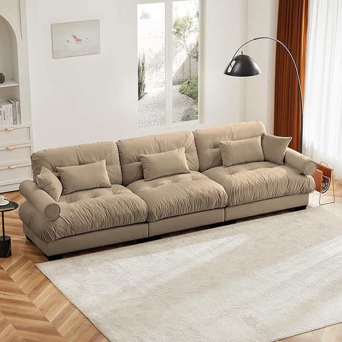 Ball & Cast 130" Extra Large Sectional Sofa,3-Seater Oversized Modular Cloud Couch with Waist & Throw Pillows,Deep Seat Velvet Fluffy Sofas for Living Room,Home Theater,Apartment,Velvet,Camel