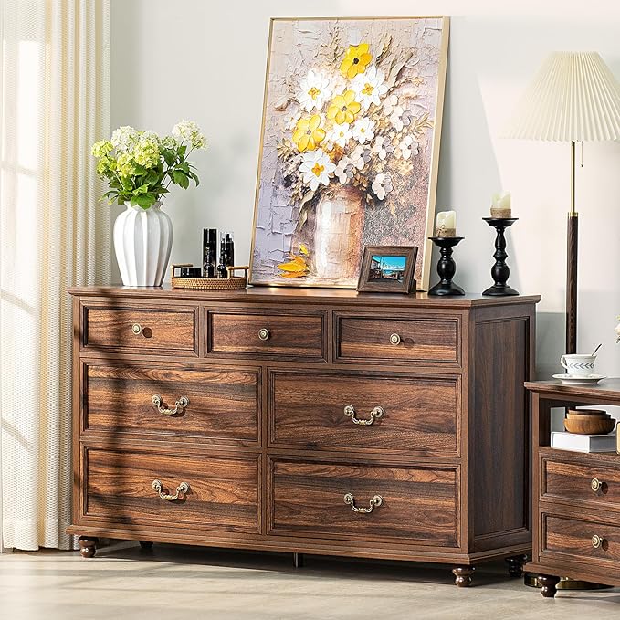 Farmhouse 54" 7 Drawers Dresser for Bedroom, Vintage Wood Chest of Drawers w/ 4 Wooden Legs, Wide Closet Storage Dressers Organizer for Hallway, Rustic Large TV Stand for Living Room, Brown