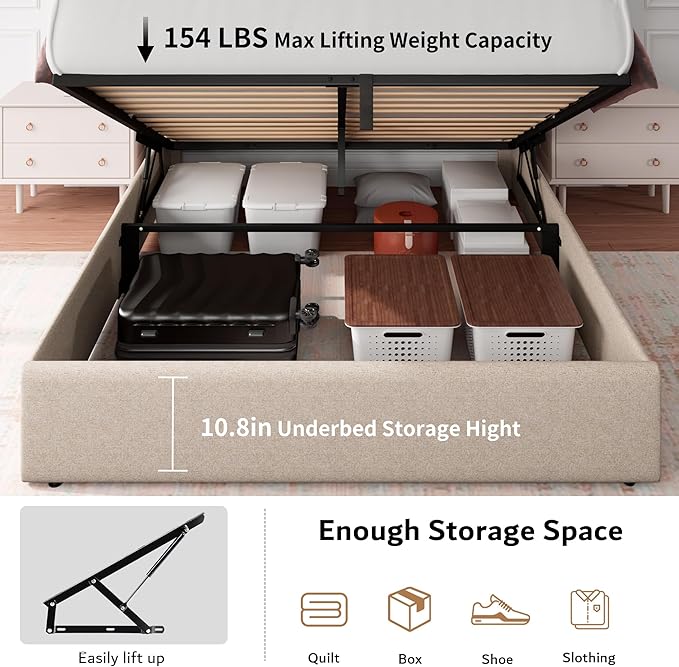 iPormis Queen Size Lift Up Storage Bed Frame with Charging Station, Upholstered Platform Bed Frame with Tufted Headboard, Hydraulic Storage, No Box Spring Needed, Noise-Free, Easy Assembly, Beige