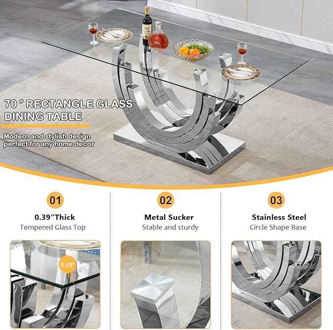 Goujxcy 70" Modern Glass Dining Table for 6-8, Luxury Silver Glass Dining Room Table with Mirrored Ring-Shape Stainless Steel Base, Rectangle Kitchen Dinner Tables for Dining Room Kitchen