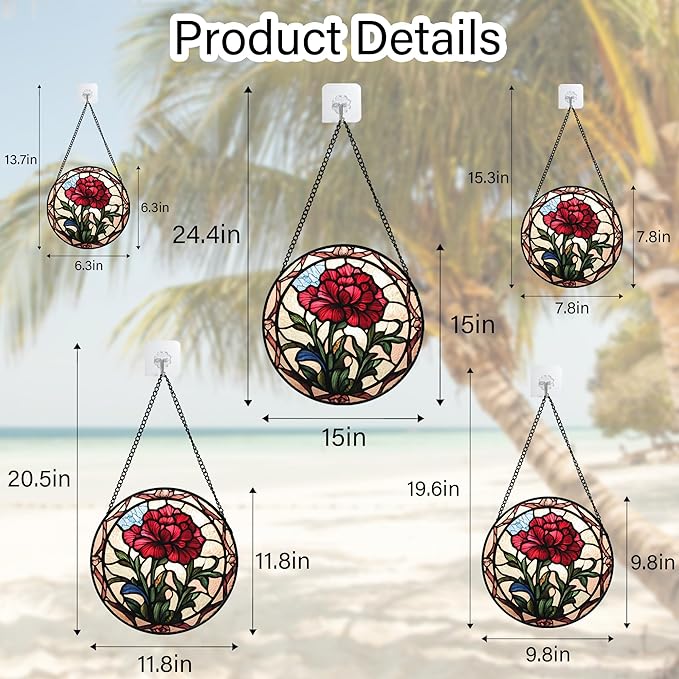 Stained Glass Window Hanging - Red Carnation Birth Flower Sun Catcher for Door Garden Home Decor Suncatcher Christmas Mother's Day Birthday Gifts for Women Men Mom Nana Friend Wife 7.8 in
