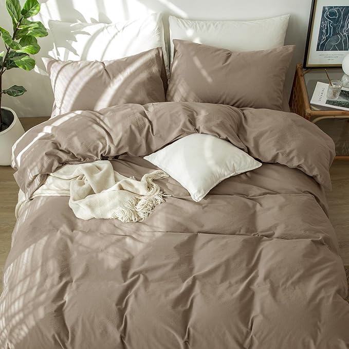 MooMee Bedding Duvet Cover Set 100% Washed Cotton Linen Like Textured Breathable Durable Soft Comfy (Solid Mocha Brown, King 104"x90")