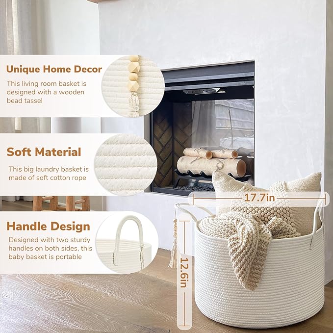 Goodpick Large Laundry Basket Decorative White Basket for Blankets, Baby Storage Basket for Nursery, Living Room, Bedroom, Big Rope Hamper 17.7 x 12.6 Inches, White