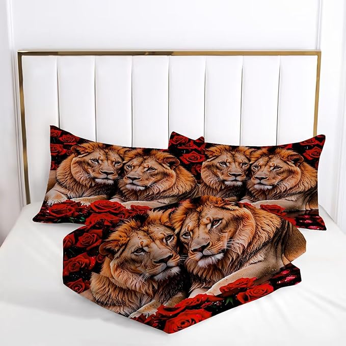 Kids Adults 3D Animal Comforter Set Queen, Soft Wildlife Lion Red Rose Print Bedding Set Theme Design Animal Print Bedding Set for Kids Youth Adults, Modern Brown Lion Quilt Cover Decor Room