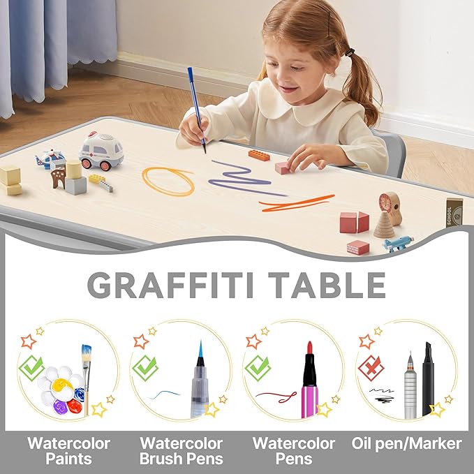 Kids Study Table and Chairs Set, Height Adjustable Toddler Table and Chair Set for Kids Ages 3-8, 31.5" L x 23.6" W Graffiti Desktop Plastic Children Art Table with 4 Seats, Grey