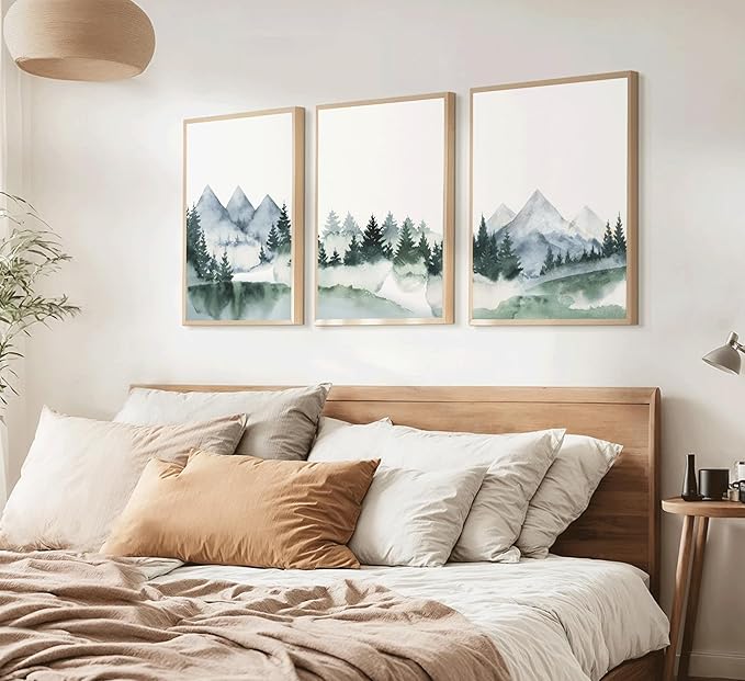 3 Pcs Modern Mountains Canvas Wall Art Green Watercolor Misty Pine Forest Nature Minimalism Abstract Landscape Painting Picture Wall Decor Poster Print Artwork for Living Room Bedroom Office Unframed