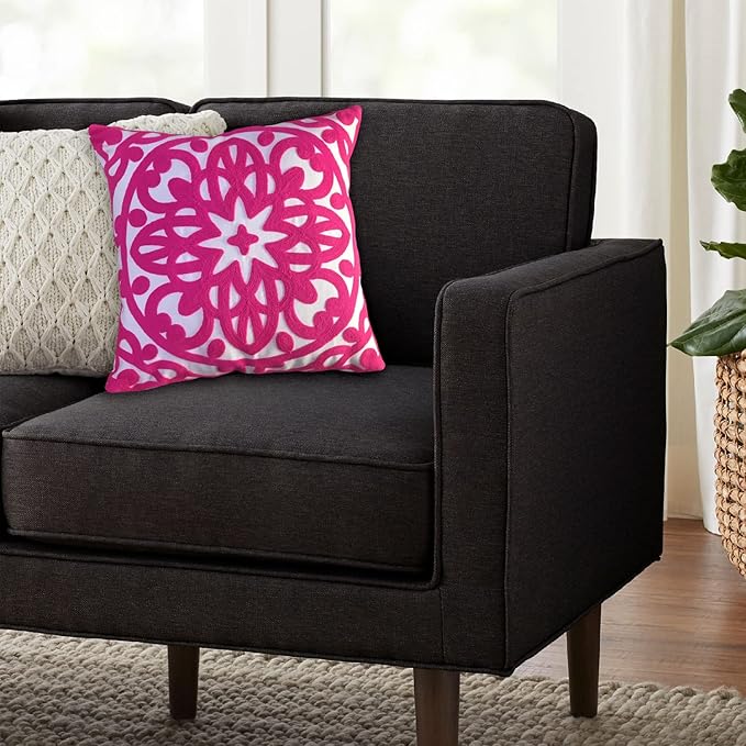 Alysheer Embroidered Decorative Throw Pillow Cover 18x18 inches, Classic Boho Mandala Knit Pattern, Farmhouse Cottage Cotton Canvas Cushion Case for Sofa Couch Bed Living Room Decor(Bright Hot Pink)