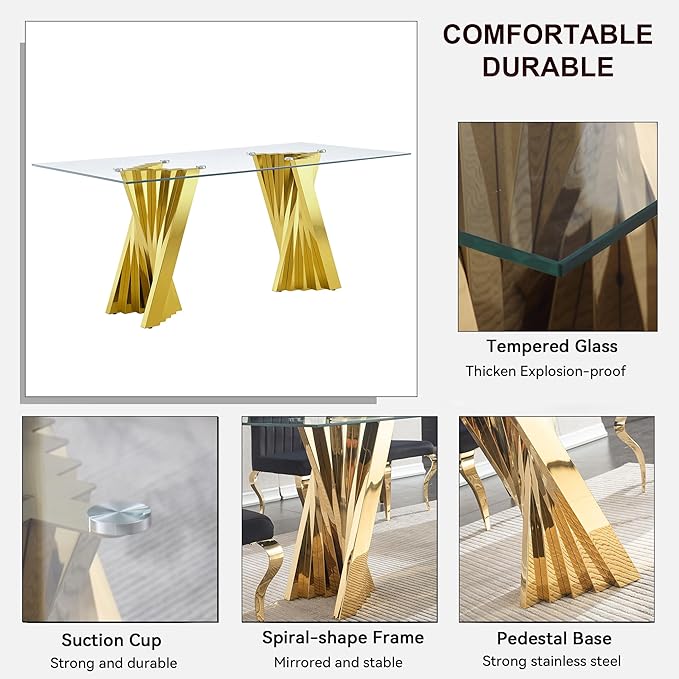 Goujxcy 70" Glass Dining Table Set for 4, Modern Gold Dining Table Set with 4 Green Velvet Upholstered Dining Chairs, 5 Piece Kitchen Dining Room Table Set with Stainless Steel Legs