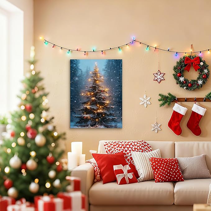 Framed Christmas Pictures Wall Decor,Vintage Pine Tree Prints,Winter Christmas Canvas Wall Art Decoration for Bedroom Bathroom Living Room Rustic Xmas Holiday Gifts (Christmas Tree 3, 24'' X 36'')