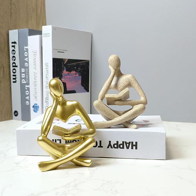 Reading Sculpture Thinker Statue 4.5”- Modern Abstract Art Figurine for Bookshelf & Coffee Table Decor, Aesthetic Home Accents for Living Room, Office Shelves, Desks, and Knick Knack Displays (Grey)