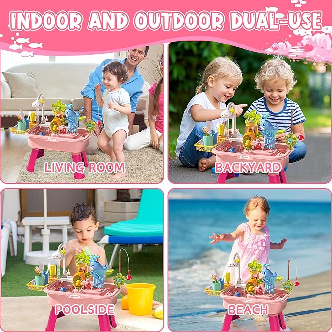 Water Table for Toddlers 1-3, Water Table for Kids Ages 4-8 with Pump, Play Sink with Running Water, Kitchen Sink for Toddlers, Fishing Game and Outside Sensory Toys (Pink)