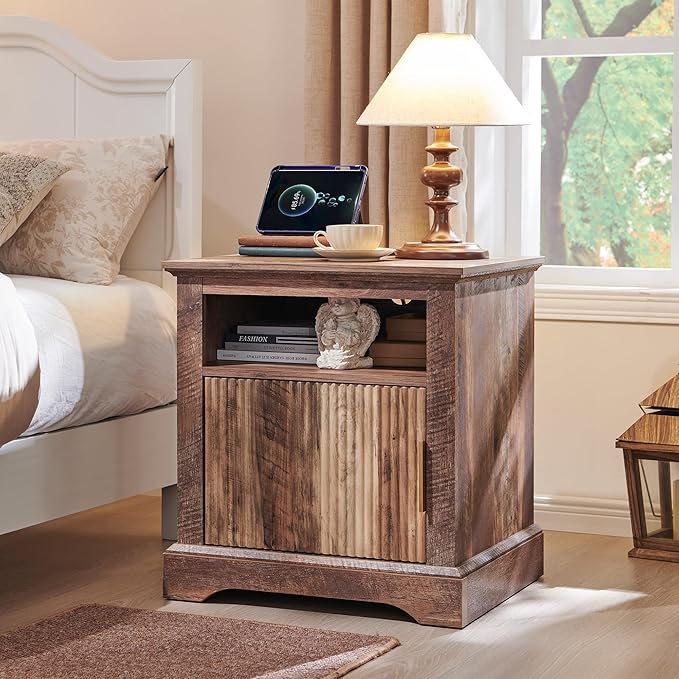 Fluted Nightstand Set of 2, 22" Large Modern Side Table with Charging Station, Wood End Table w/Open Shelf, Bedside Table with Storage Space for Bedroom, Living Room (Light Brown)