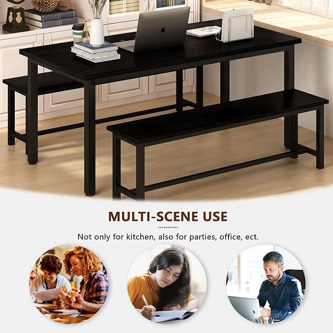 AWQM Dining Table Set with Two Benches, Kitchen Table Set for 4-6 Persons, Kitchen Table of 47.2 x 28.7 x 28.7 Inches, Bench of 41.3 x 11.8 x 17.7 Inches Each, Black