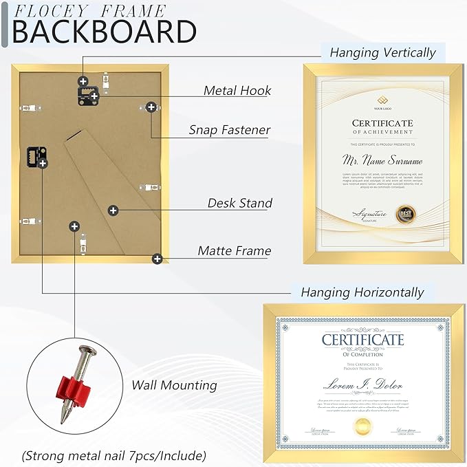 8.5x11 Picture Frame set of 6, Multi Certificate 8.5 by 11 Picture Frames Bulk, Document Diploma Award Frame, Wall Hanging or Tabletop Display, Gold