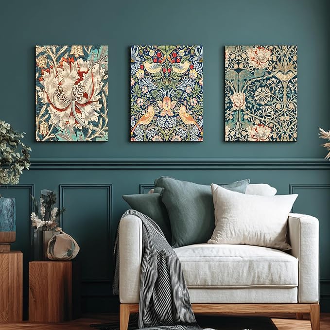 FASWQ Framed William Morris Wall Art, Nouveau Vintage Botanical Wall Decor, Retro Intricate Floral Animal Canvas Painting, Retro Natural Flower Bird Poster Prints for Living Room Bedroom 12"x16"x3