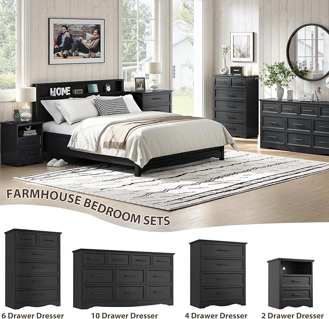Set of 2 Farmhouse Nightstands with Charging Station, Black End Tables with 2 Drawers Storage, Space-Saving Wood Storage Cabinets with Unique Base Design, Bedside Tables for Bedroom, Living Room