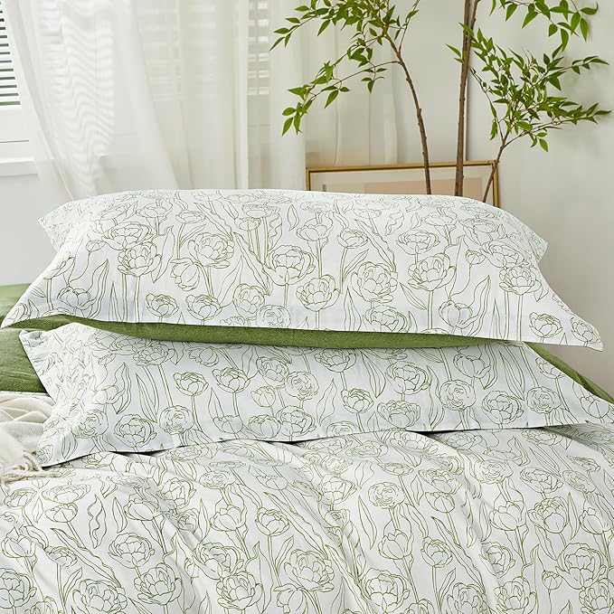 SAPHREAS Green Drawing Floral Duvet Cover Set Full Size 3pcs Botanical Blossom Bedding Comforter Cover Set 100% Cotton 1 Duvet Cover 90"x80" 2 Pillow Shams, Comforter Not Included