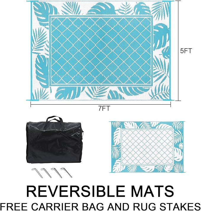 Ileading Outdoor Rug Carpet for Patio 5' x7' Waterproof Reversible Plastic Straw Rug Portable Outside Area Rug Camping Mat for Patio, Clearance, Balcony, Picnic, Pool, Beach, RV, Deck, Leaf Teal