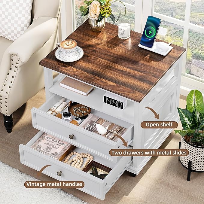 Farmhouse Nightstand with Charging Station, 24" Wide End Table with 2 Drawers,White Wood Dresser for Bedroom, Bed Side Table Chest of Drawers Cabinet,Night Stand for Living Room, Closet