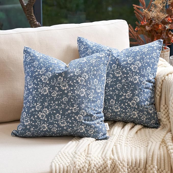 Alerfa Set of 2 Floral Pillow Covers 18x18, Vintage Block Print Throw Pillow Covers Decorative Farmhouse Accent Couch Pillows for Living Room Bedroom, Blue