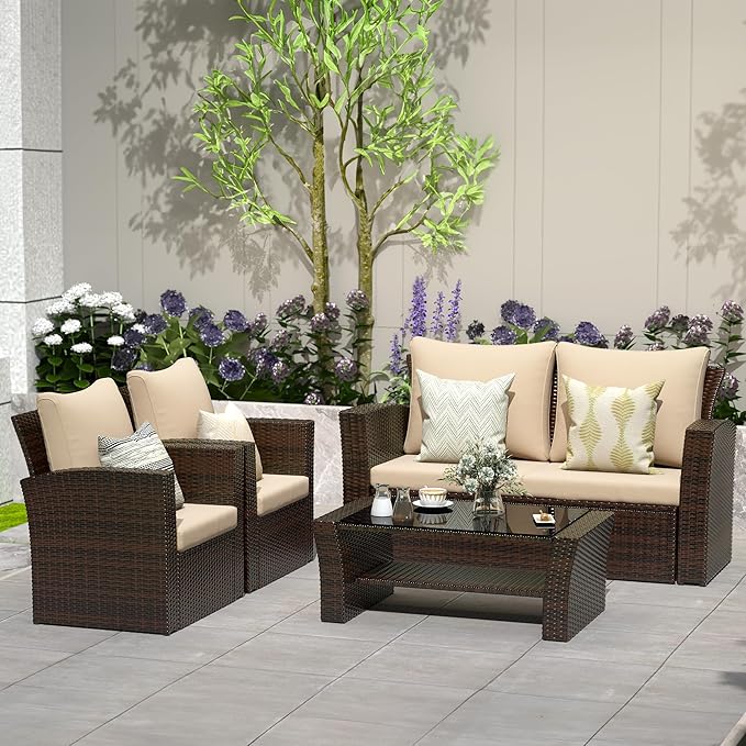 Solaste 4 Piece Patio Outdoor Furniture Sets,Patio Conversation Sofa Wicker Chair with Cushion,Hand Woven Rattan Sofa for Porch Backyard Outside Garden Lawn Yard,Brown
