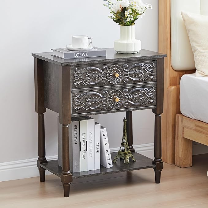 Nightstand, Farmhouse Bedside Table with 2 Drawers and Open Shelf, Wood Sofa Side Table End Table Accent Dresser for Bedroom, Living Room (with Shelf, Grey)
