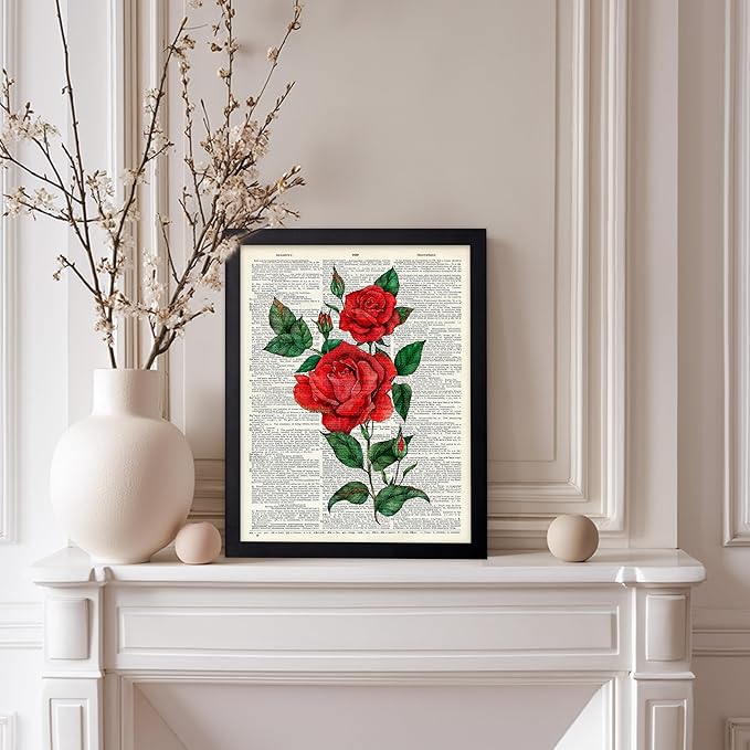 Poster Master Dictionary Art Poster - Red Roses Print - Flower Art - Floral Art - Gift for Men, Women & Florist - Minimal Decor for Living Room, Bedroom, Dorm or Flower Shop, 11x14 Black Framed