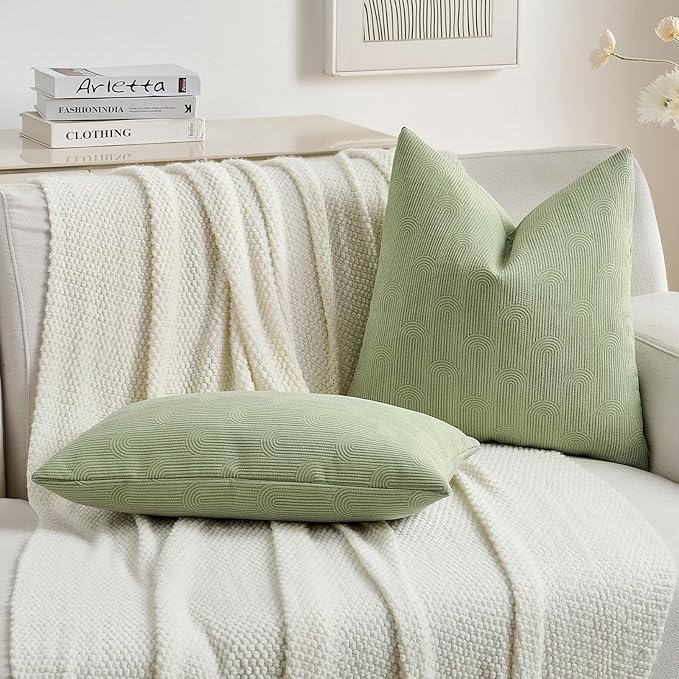 FUTEI Sage Green Chenille Decorative Throw Pillow Covers 20x20 Inch Set of 2,Soft Cozy Striped Geometric Patterns Cushion Case,Modern Home Decor for Couch Bed Living Room
