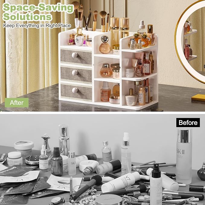 Bamboo Makeup Organizer Countertop With Brush Holder Drawer For Vanity,Large Bathroom Counter Organizers And Storage,Cosmetic Skincare Perfume Organizer,Easy To Store Nail Polish, Lipstick, Eyeshadow