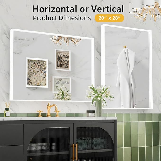 20x28 Inch Bathroom Mirrors for Over Sink, Rectangular Vanity Mirror, Matte White Framed Mirrors for Wall, Tempered Glass, Anti-Rust Home Decor Mirror(Horizontal/Vertical)