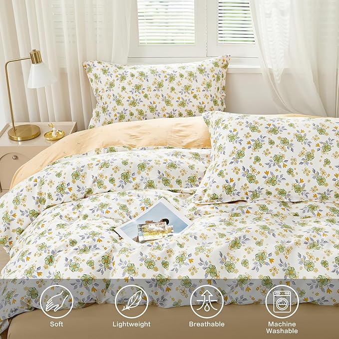 SAPHREAS Green Floral Duvet Cover Set Twin 2pcs Yellow Flowers Botanical Bedding Comforter Cover Set 100% Cotton 1 Duvet Cover 68"x90" 1 Pillow Sham, Comforter Not Included