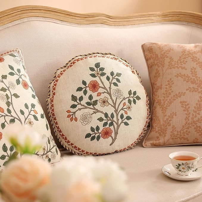 Design Linen Classic Throw Pillow Covers Diameter 16", French Farmhouse Round Cushion Covers with Orange White Floral Pattern Decor Pillowcases for Bed,Living Room,Outdoor,Car