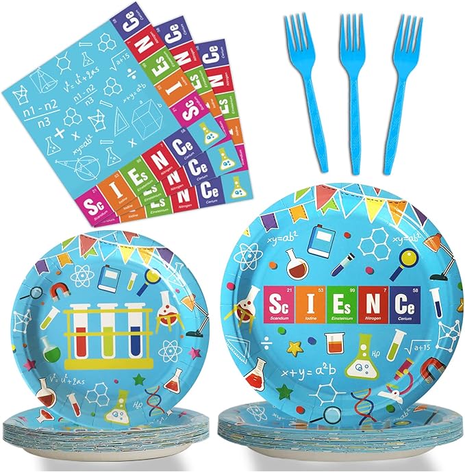 Wiooffen 96 Pcs Science Party Plates Napkins Tableware Set Mad scientist Supplies Disposable Dinnerware Little Scientist Decoration Favors for Kids, 24 Guests