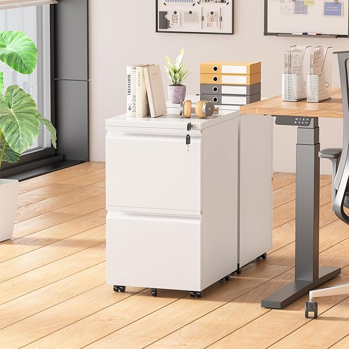 Greenvelly 2 Drawer Mobile File Cabinet with Lock, Metal Filing Cabinet on Wheels, Under Desk File Cabinet for Home Office Organizer Letter/Legal/A4 File (Assembly Required, White)