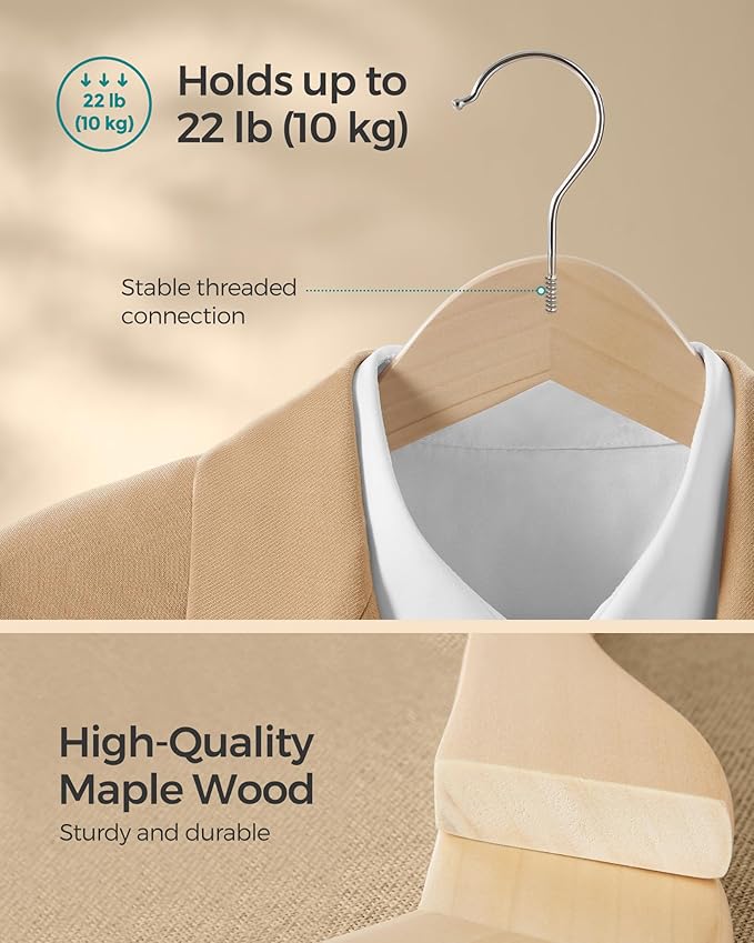 SONGMICS Wooden Hangers, Pack of 12, Coat Hangers, Non-Slip, Pants Bar, 360° Swivel Hooks, for Jackets, Shirts, Coats, Natural Beige UCRW010N12