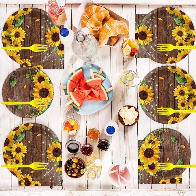 96 Pcs Sunflower Party Plates Napkins Tableware Set Sunflower Wood Grain Themed Supplies Disposable Dinnerware Sunflower Decoration Favors for Kids, 24 Guests