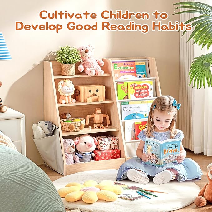 4 Tier Kids Wooden Bookshelf with Extra Pocket, Baby Toddler Bookshelf and Toy Storage Organizer with Four Layer Sling Bookcase for Kids Room Playroom Nursery Classroom