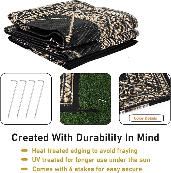 Outdoor Rug 8'x10' for Patios Waterproof Patio Rugs Outdoor Mats for Front Porch,Beach Mat,Reversible Plastic Straw Camping Rugs for Outside RV,Deck,Balcony,Backyard，Black&Beige