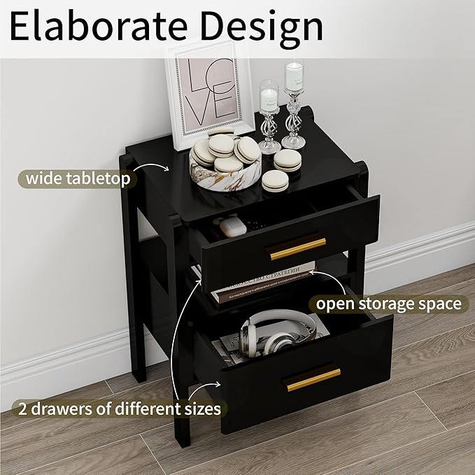 Nightstand with 2 Drawers and Open Shelf Wood Bedside Table Gold Handles Storage Night Stand with Light for Bedroom, Black