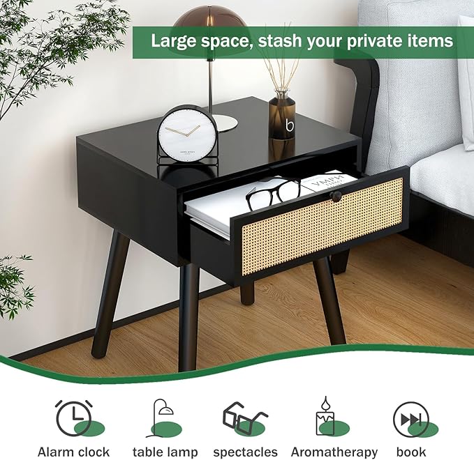 IBUYKE Hidden Compartment Nightstands, Rattan Nightstand with Wood Legs, Boho Side Table Concealment Furniture, Bedside End Table for Bedroom, Easy Assembly, Black UWNS010B