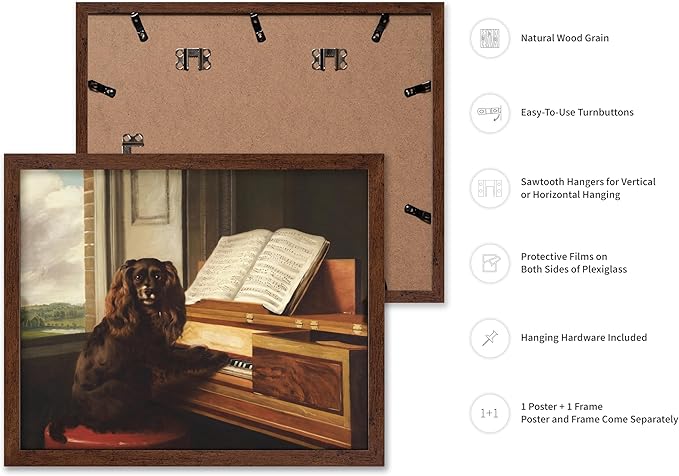 Poster Master Vintage Portrait of an Extraordinary Musical Dog Poster - Retro Dog Print - Puppy Art - Music Art - Piano Art - Animal Lover Art - Living Room or Office Decor, 8x10 Brown Framed