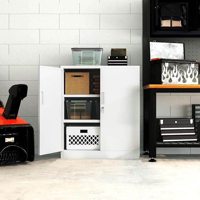 Metal Garage Storage Cabinets，36" Steel File Cabinet with 2 Adjustable Shelves, Lockable Storage Cabinets for Office, Home, Garage, Warehouse 36.2" H x 31.5" W x 15.7" D (White)