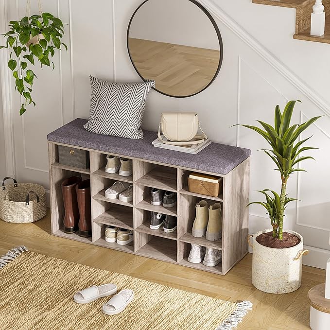DINZI LVJ Shoe Storage Bench with Cushion, 14-Cubby Shoe Rack, Adjustable Shelves, Multifunctional Shoe Organizer Bench for Entryway, Mudroom, Hallway, Living Room, Bedroom and Garage, Greige