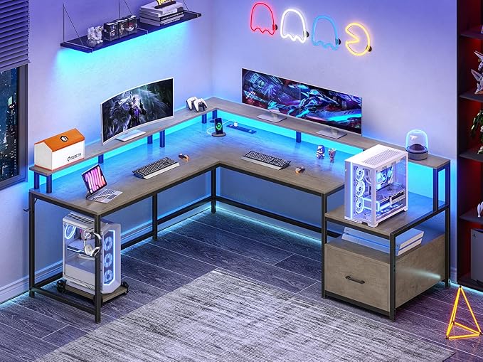 SEDETA L Shaped Desk, 66" Home Office Desk with File Drawer and Power Outlet, Corner Computer Desk with Monitor Shelf, Printer Storage Shelves, Gaming Desk with Led Lights, Two Person Desk, Walnut