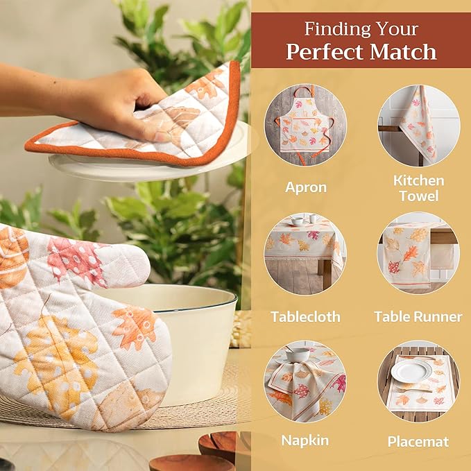 Maison d' Hermine Oven Gloves 100% Cotton Oven Mitt 7" x 13" with Loop Heat Resistant BBQ Cooking Gloves for Thanksgiving Christmas Decorations Baking Handling Hot Pans (Pack of 1, Colours of Autumn)