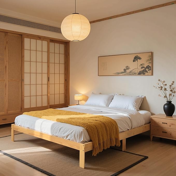 Hokway Wood Queen Bed Frame-No Wobble,Noise-Free,Easy Assembly with Precise Holes,12 in Wood Slat Support,No Box Spring Needed,Natural