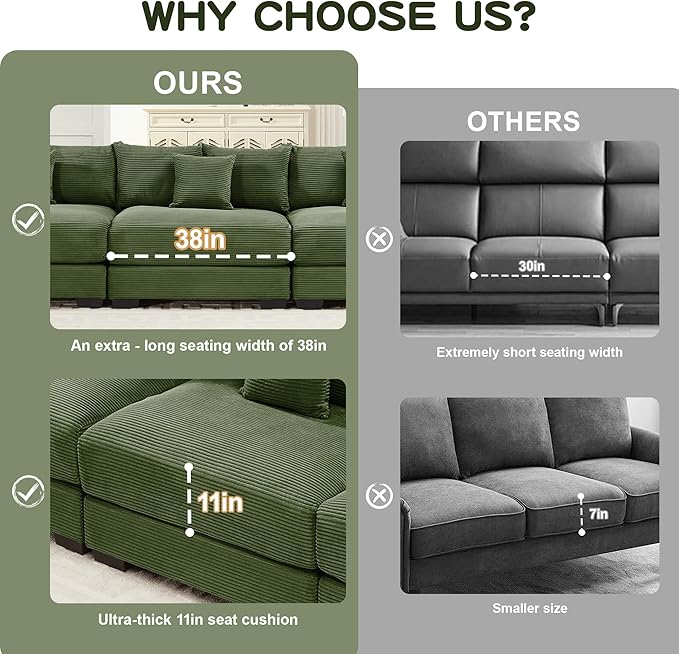 KEIKI 130" U-Shaped Oversized Corduroy Modular Cloud Sectional Sofa with 2 Ottoman, High-Density Foam Cushion, Extra-Thick Armrest, 3-Seater Fluffy Corner Couch with 9 Pillow, for Living Room, Green