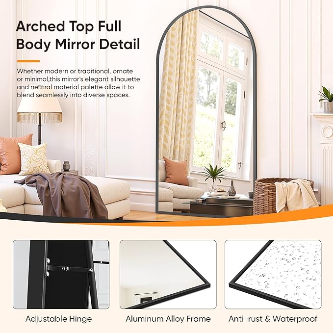 Suidia Full Length Mirror, 71"x26" Floor Standing Mirror Freestanding, Full Body Mirrors with Stand for Bedroom, Hanging Mounted for Living Room Cloakroom, Black, Arched Style